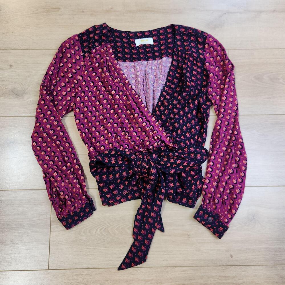 Maeve Lisa Puff-Sleeved Blouse Womens 2 Pink Floral Tie Front Anthropologie